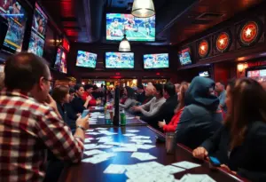 Fans watching the Super Bowl in a sports bar, engaging in betting activities.