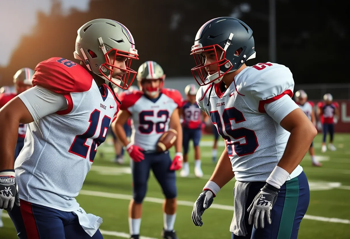 Veteran NFL player mentoring rookie during football practice