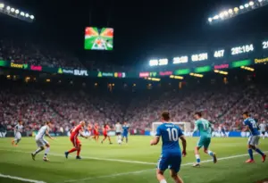 Illustration of vibrant stadium filled with athletes during a football game