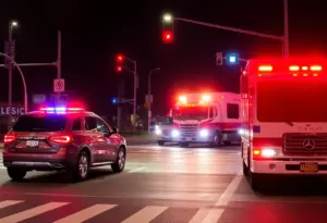 Two-vehicle accident on Kentucky Avenue in Indianapolis with emergency lights