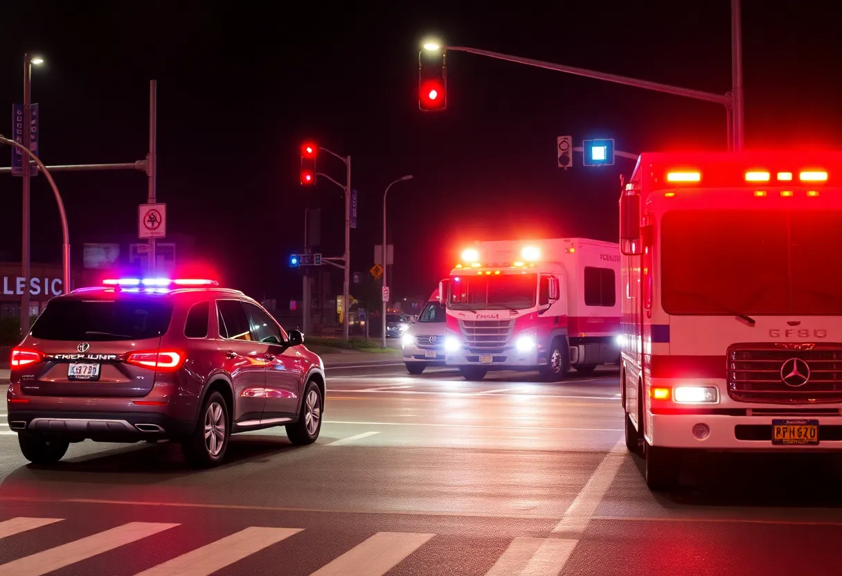 Two-vehicle accident on Kentucky Avenue in Indianapolis with emergency lights