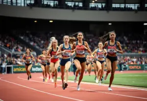 University of Dayton women's track team members competing at an indoor meet